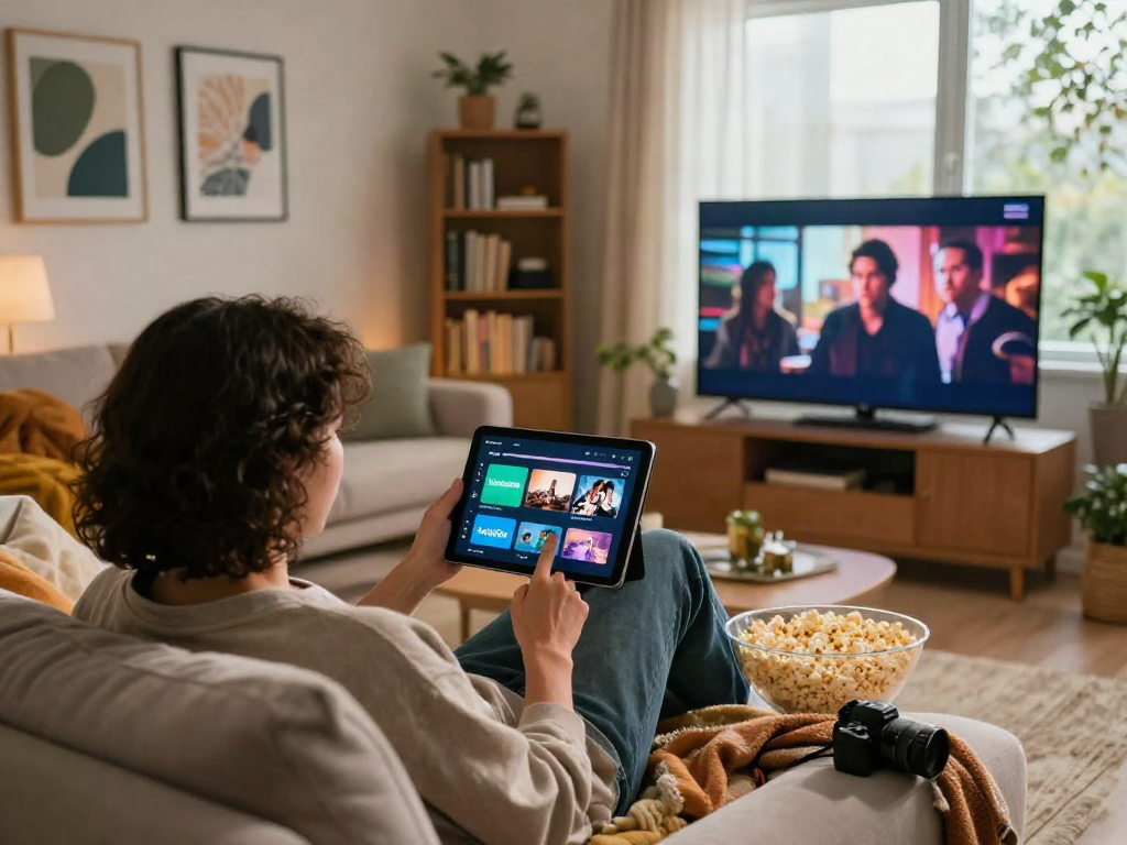 Discover the Moviebox app in a cozy living room setting, perfect for movie nights.