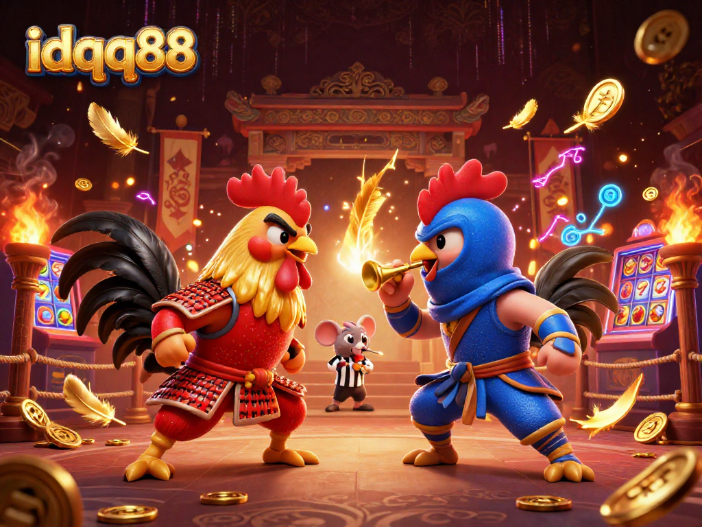 Bet on idqq88 with epic standoff of samurai and ninja roosters in a vibrant casino arena.