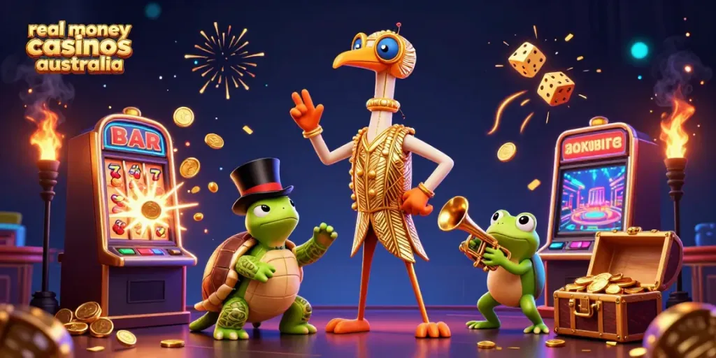 Experience real money casinos Australia with 3D cartoon characters, slot machines, and vibrant visuals.