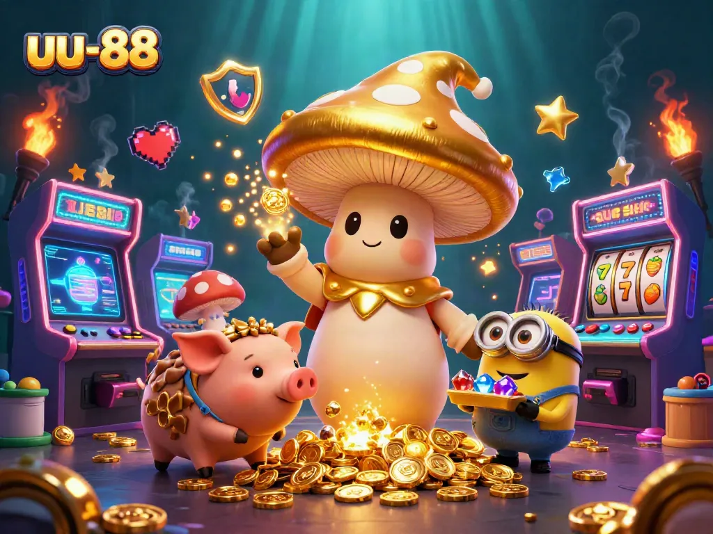Experience dynamic gaming action with uu-88's magical golden scene featuring lively arcade elements.