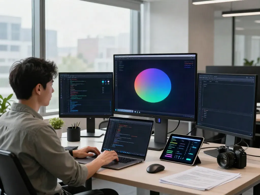 Developer utilizing unified LLM API in a modern workspace filled with high-tech tools and software.