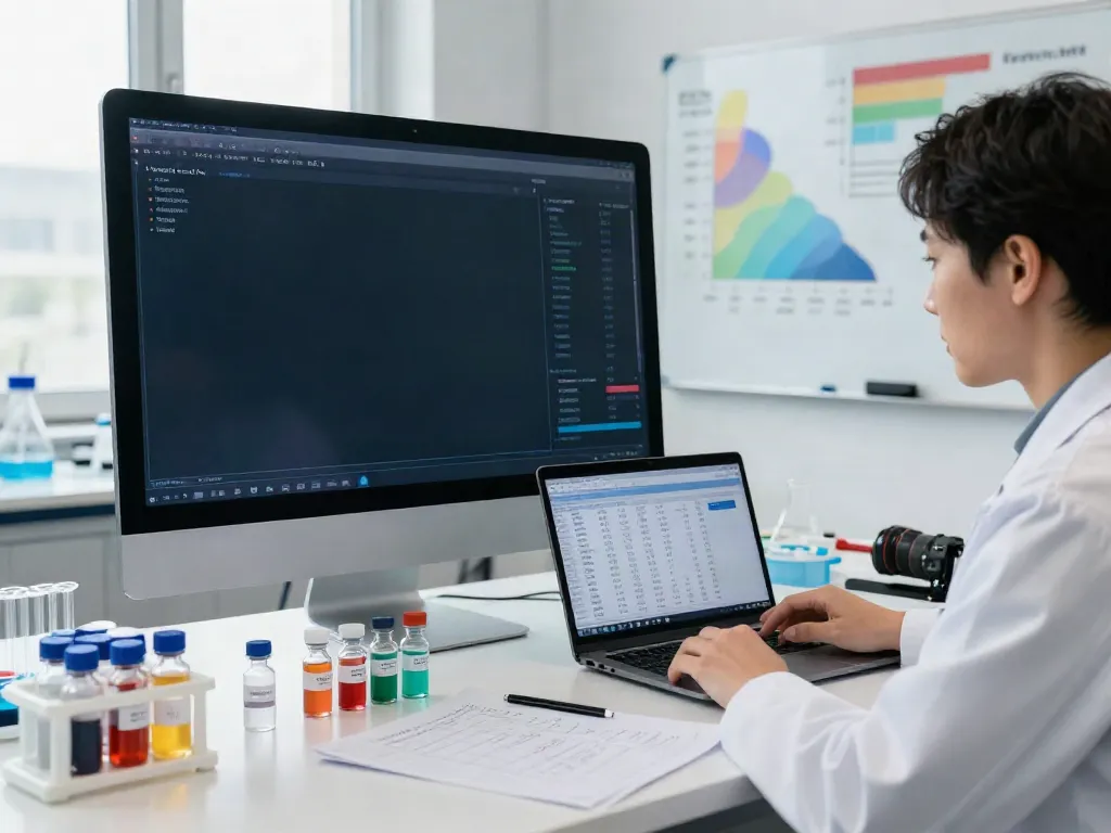 Scientist using the derek peptide price tool in a modern lab, analyzing peptide pricing data with vials and a touchscreen display.