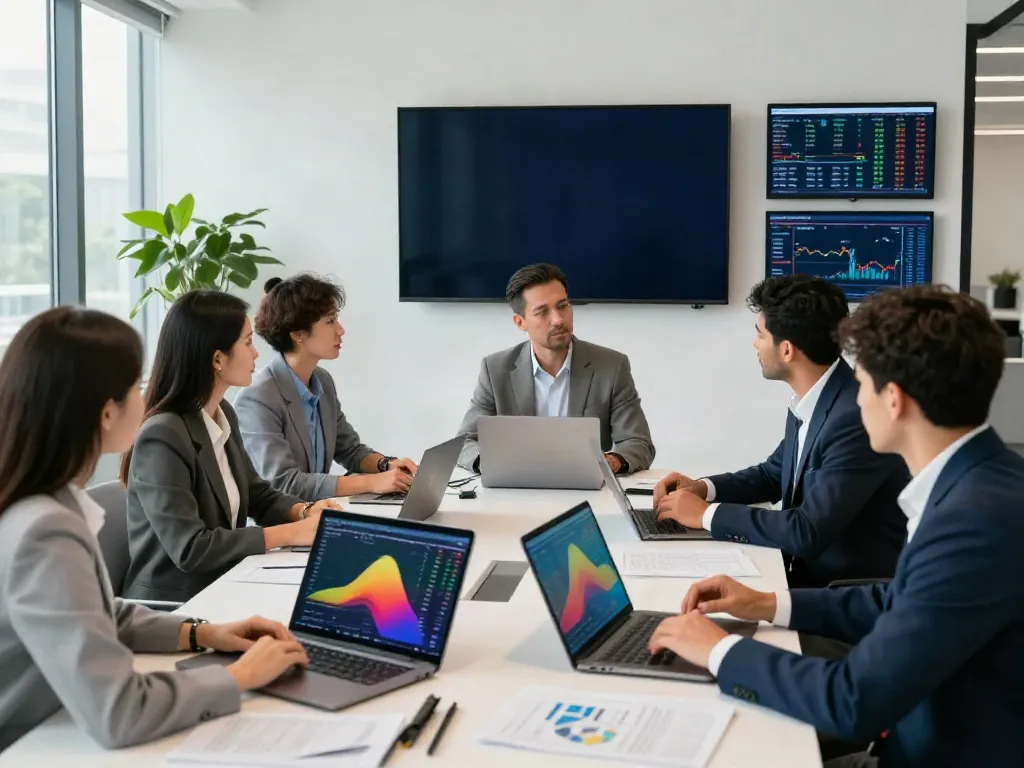 Team discussing strategies for the largest US banks in a modern office.