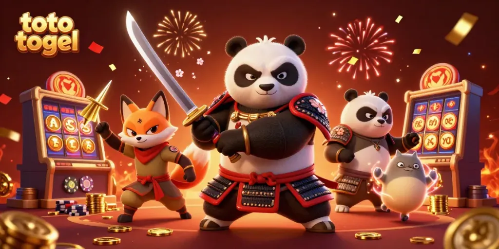 Experience the thrill of toto togel with a vibrant scene featuring a samurai panda and fox in a casino setting.