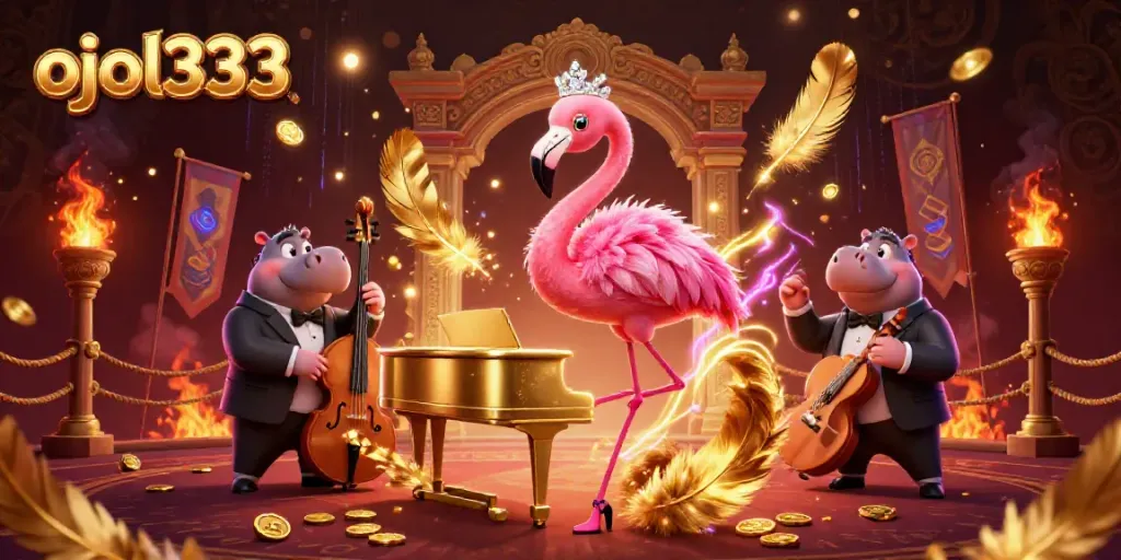 Experience epic gaming with ojol333, featuring dynamic casino characters in a vibrant atmosphere.