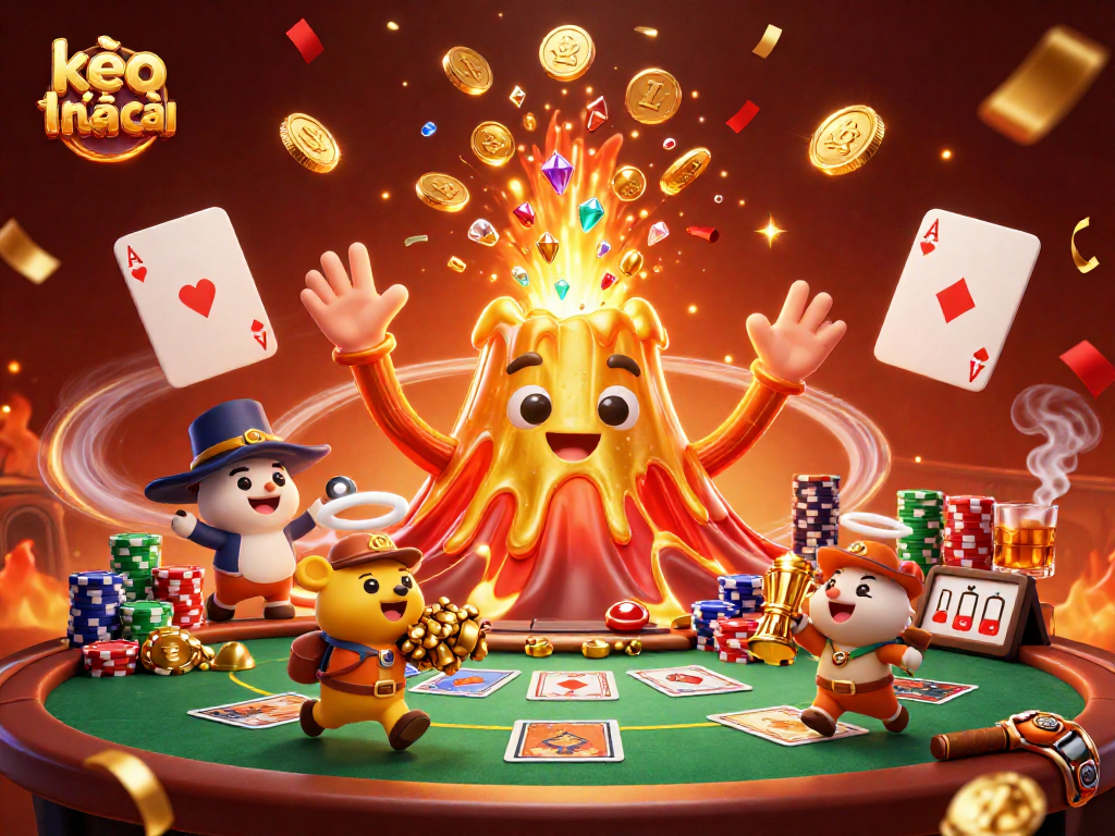 Engage in thrilling moments with kèo nhà cái as a golden volcano erupts treasures in a vibrant casino scene.