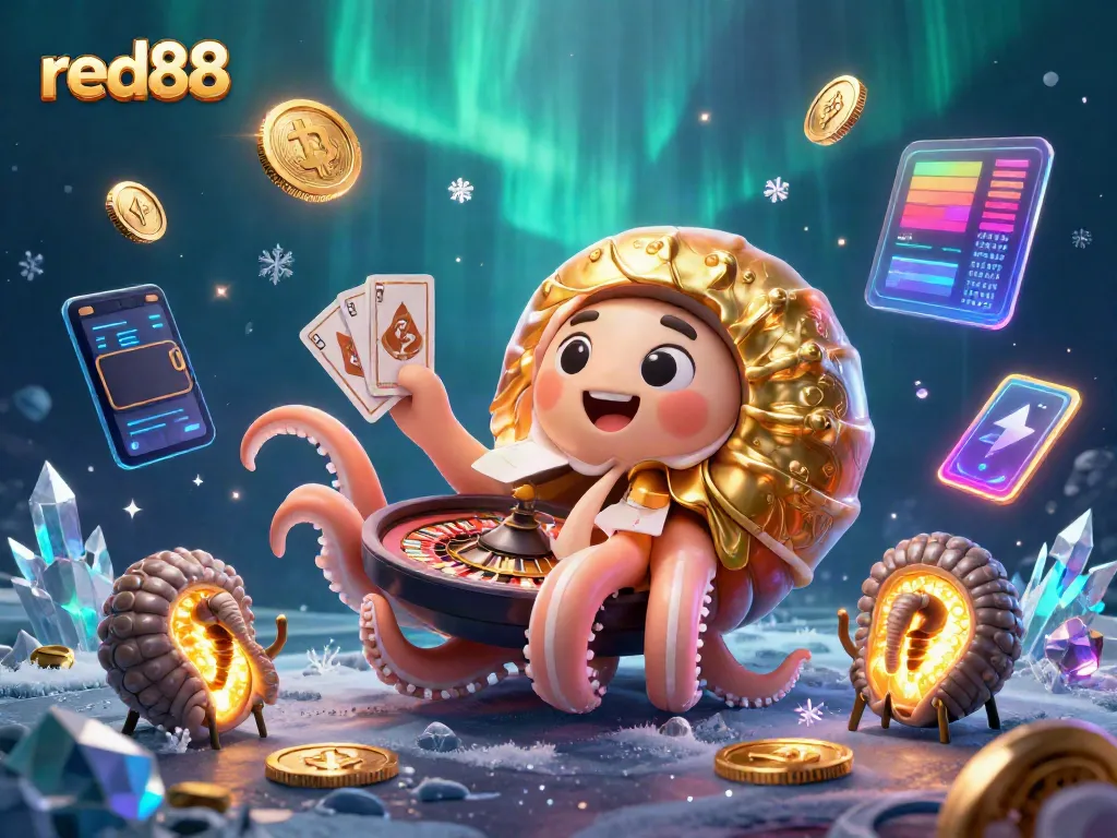 Engage in thrilling gameplay at red88, featuring an ancient nautilus, glowing crypto coins, and vibrant casino elements.