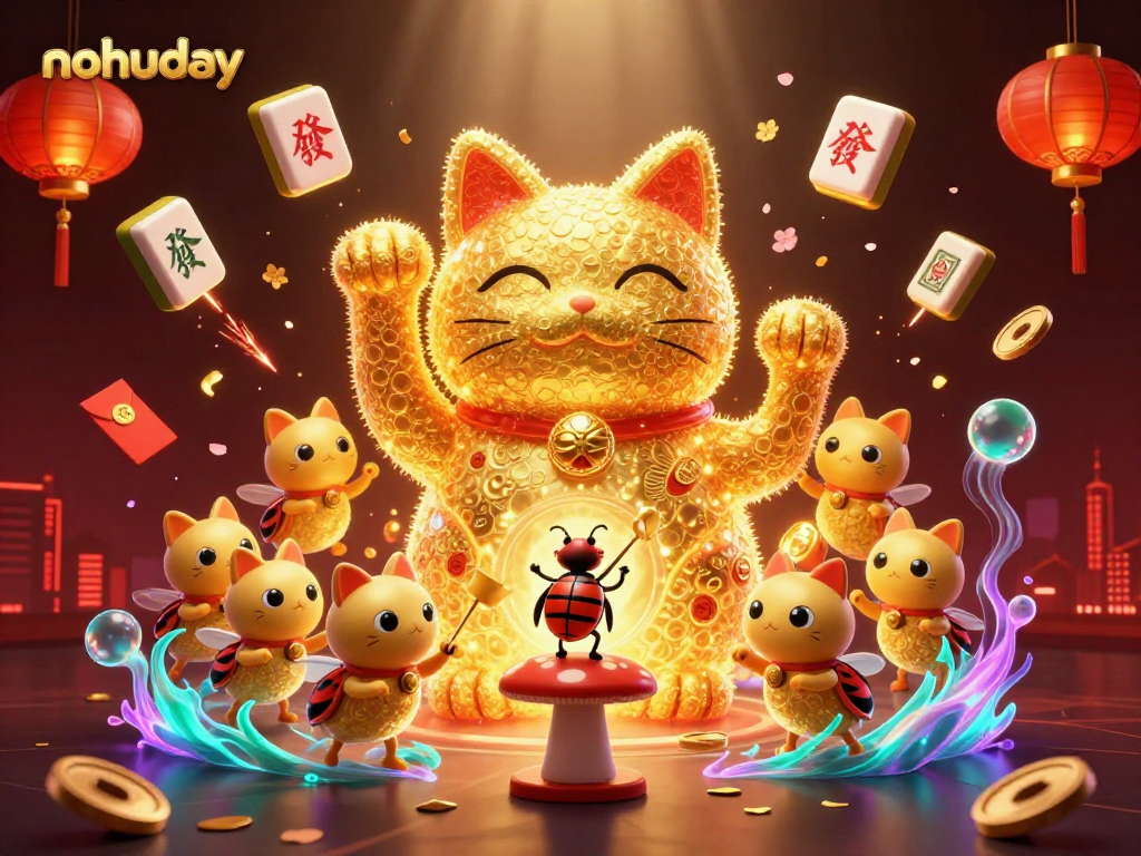 Engage with nohuday's vibrant lucky cat scene, showcasing casino symbols and joyful gameplay elements.