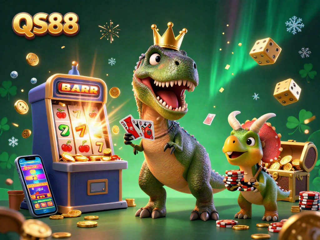 Engage in exciting gameplay with QS88, where a friendly T-Rex and baby triceratops stack golden chips and play cards in a lively casino.