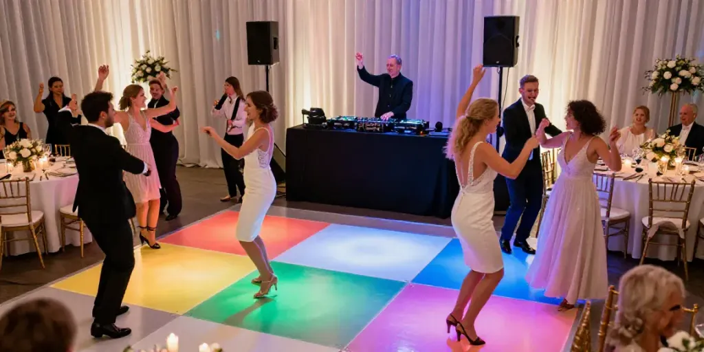 hochzeit DJ berlin brandenburg at a lively wedding reception with dancing guests and DJ