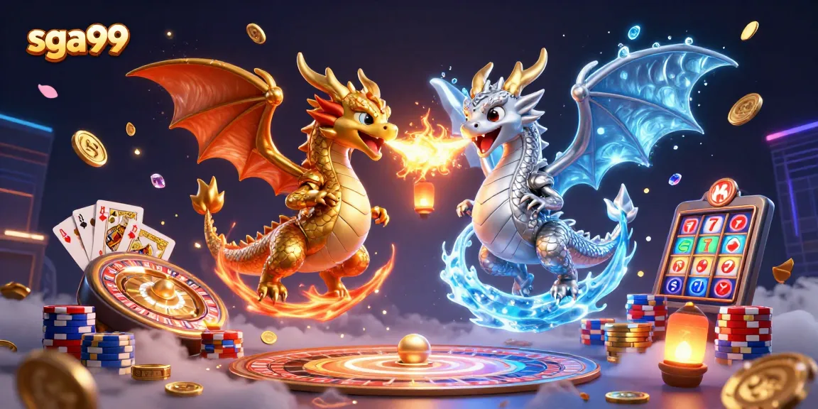 Experience the thrilling casino world of sga99 with mesmerizing dragons amidst swirling coins and cards.