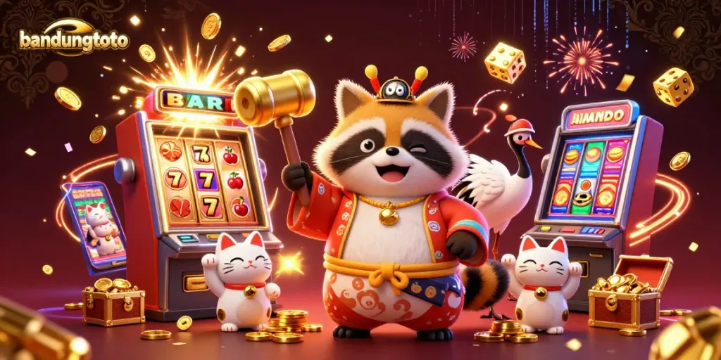 Experience fun with bandungtoto as a lucky tanuki celebrates winning at a vibrant casino scene.