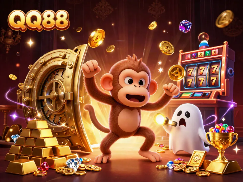 Experience the thrill of QQ88 with a lively casino scene featuring magical gameplay and treasures.