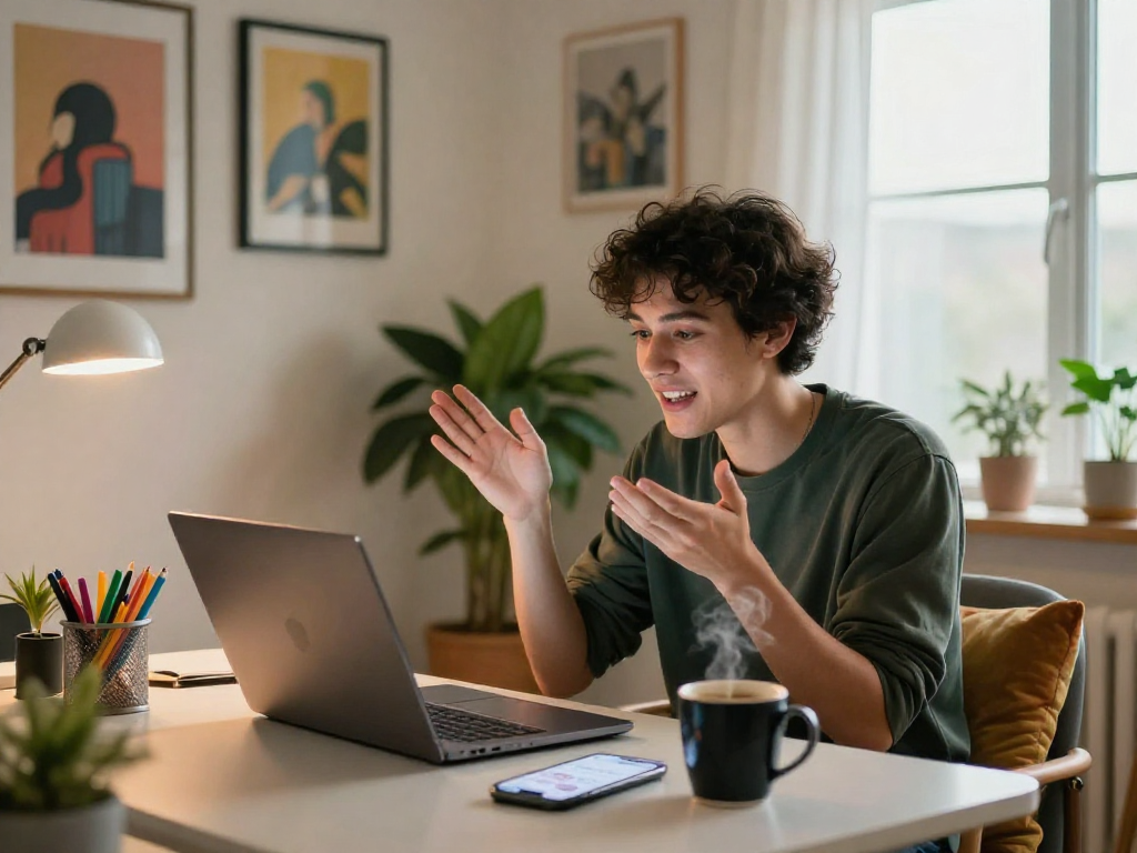 Engaging in an nsfw chat while relaxed in a cozy home office setting