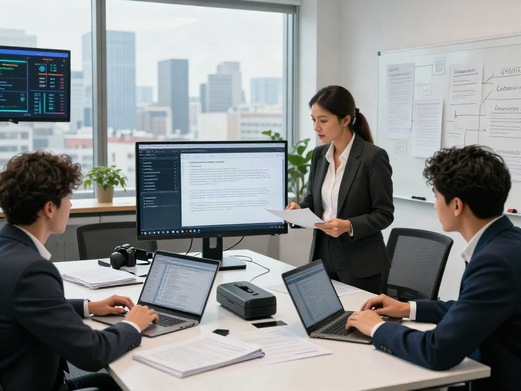 Business team verifying document fraud detection strategies in a modern office.