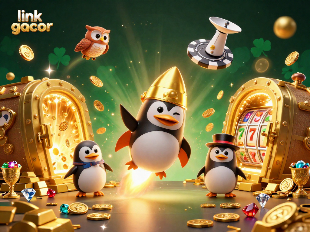 Menghadirkan link slot gacor, penguin emas bertenaga roket melintasi ruang sambil melepaskan koin emas, menuju stasiun kasino megah.