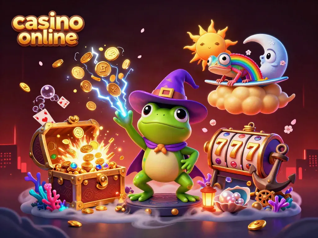 Experience the thrill of casino online with a magical illustration of characters and slot elements.