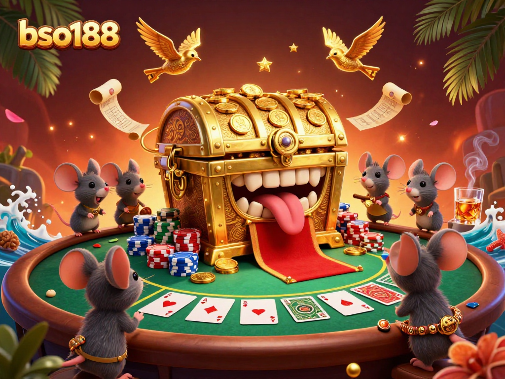 bso188 brings action with adventure mice and a treasure chest in a vibrant casino scene.