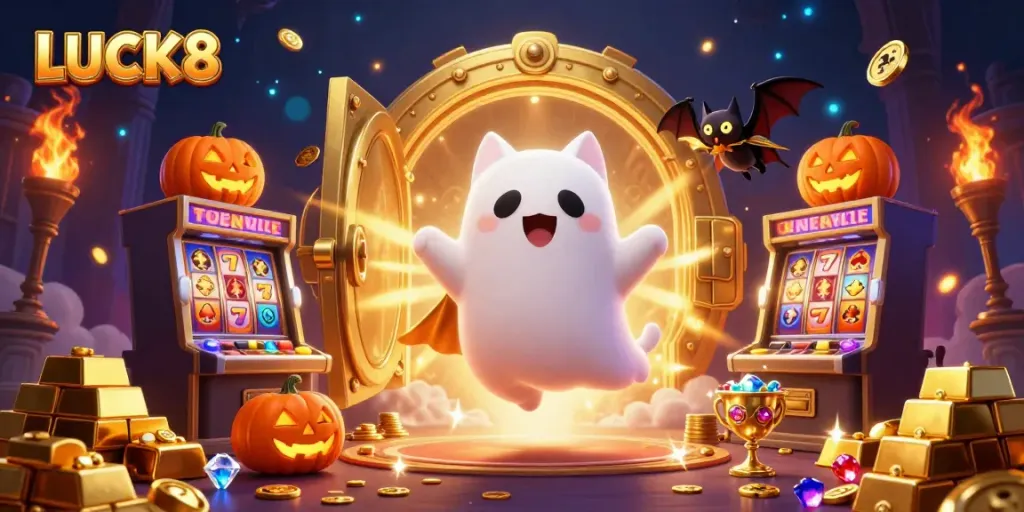 Experience LUCK8 with a ghost cat and vampire bat in a haunted casino setting.