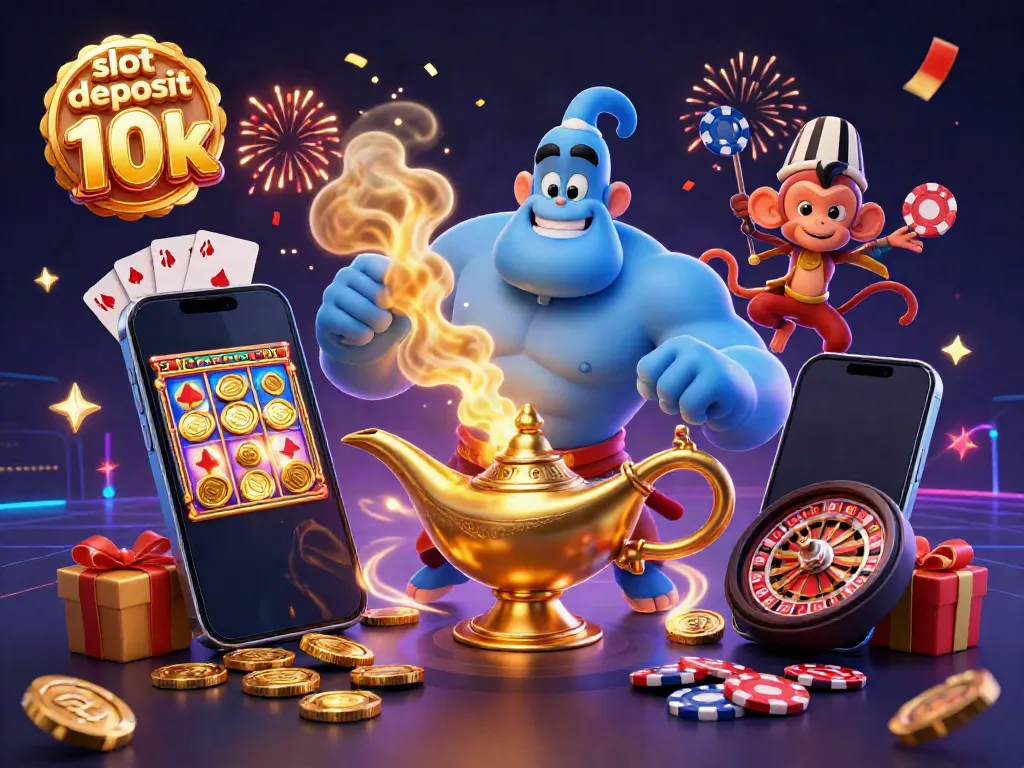 Experience the excitement of slot deposit 10k with a vibrant 3D casino illustration featuring a genie and poker chips.