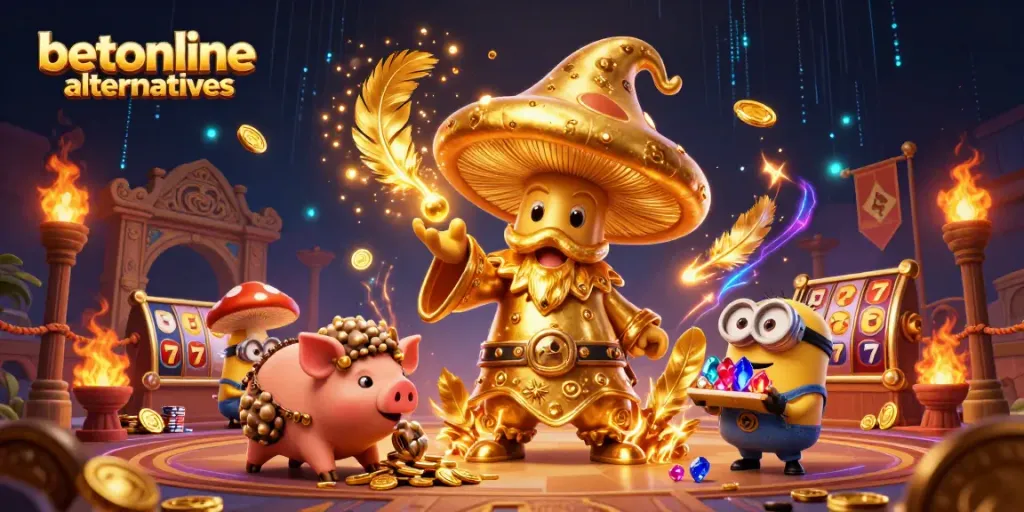 Experience thrilling betonline alternatives with a vibrant casino-themed fantasy illustration.