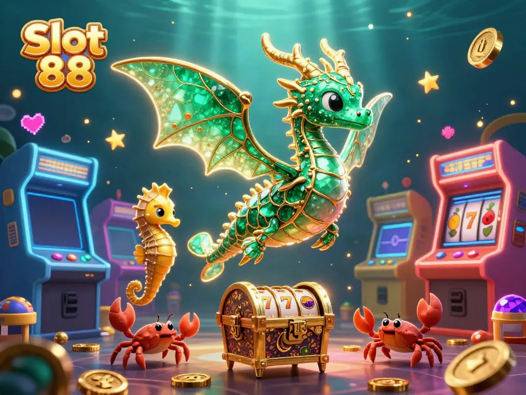 Spin the reels with Slot 88’s sea dragon and treasure in an exciting casino-themed illustration.