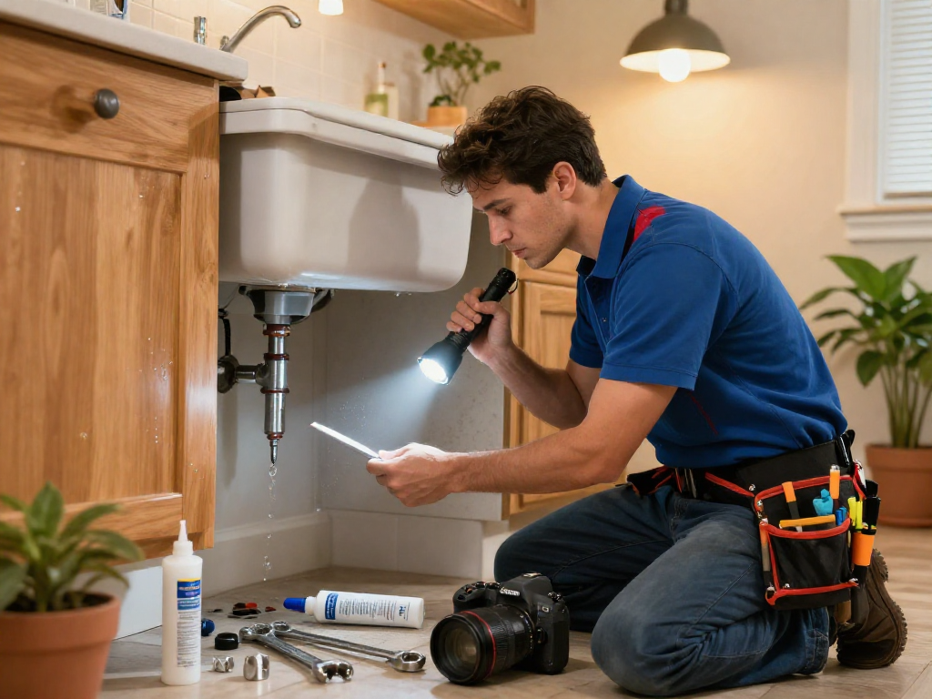 Expert leak repair Fort Worth plumber checking a kitchen sink with tools in a cozy home.