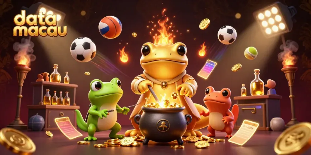 Hasil keluaran data macau dengan ilustrasi alkimia emas dan bola olahraga dinamis.