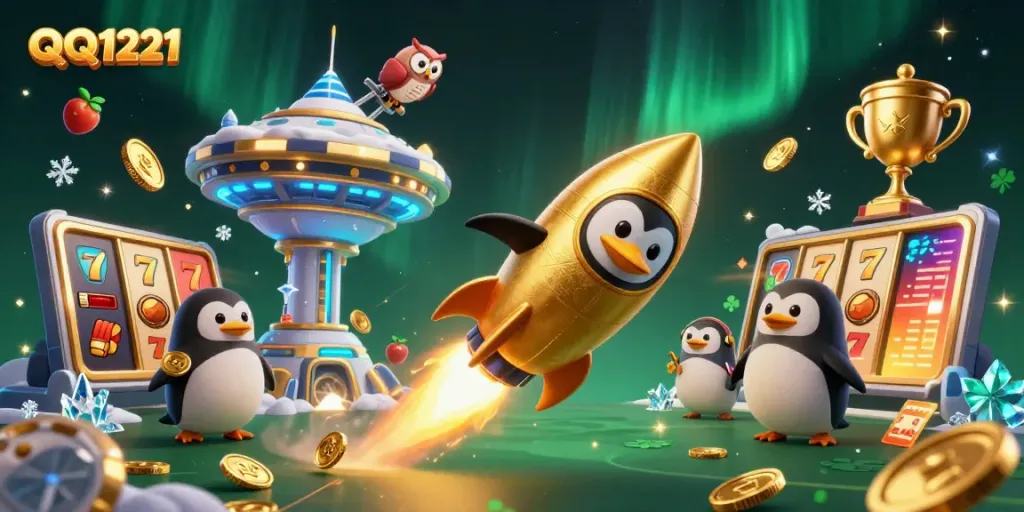 Experience winning thrills with QQ1221, a dynamic casino scene featuring a penguin and jackpot elements.