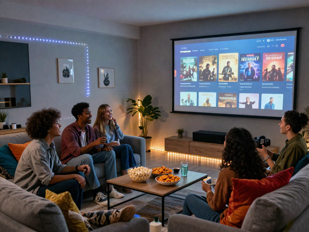 Friends enjoying a movie night with the Moviebox app interface on screen, cozy living room setting.