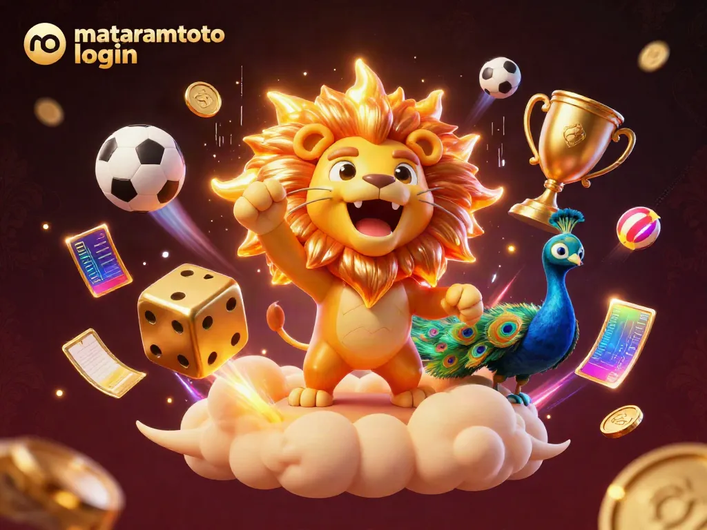 Experience the excitement of mataramtoto login with a dynamic 3D cartoon casino scene featuring a roaring lion and golden dice.