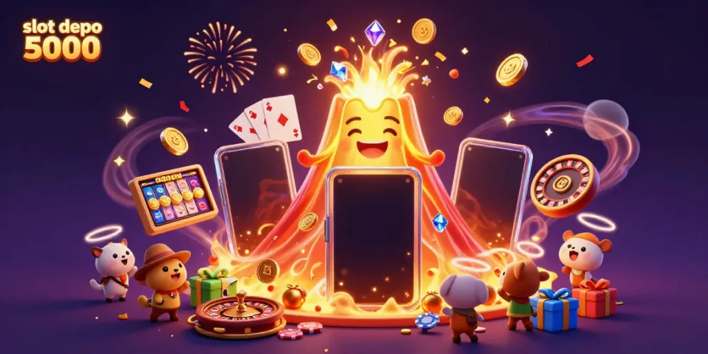 Play thrilling games and win big with slot depo 5000, featuring a vibrant, dynamic scene of treasures erupting.