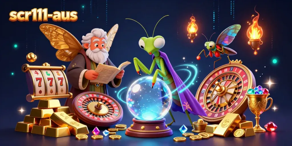 Engage with scr111-aus and explore vibrant games like slots and roulette in a magical illustration.