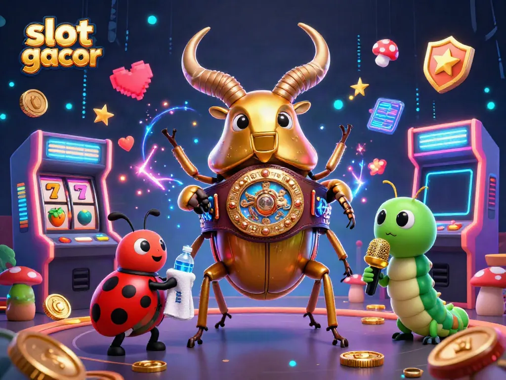 Experience high-stakes excitement with slot gacor featuring a fierce stag beetle champion and casino elements.