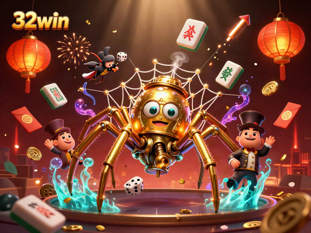 Experience thrilling games with 32win's steampunk spider and colorful casino elements.