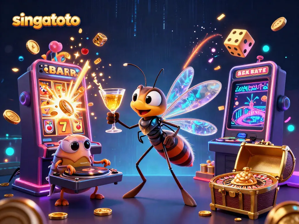 Engage in the exciting world of Singatoto with vibrant casino elements bursting around a lively mascot.