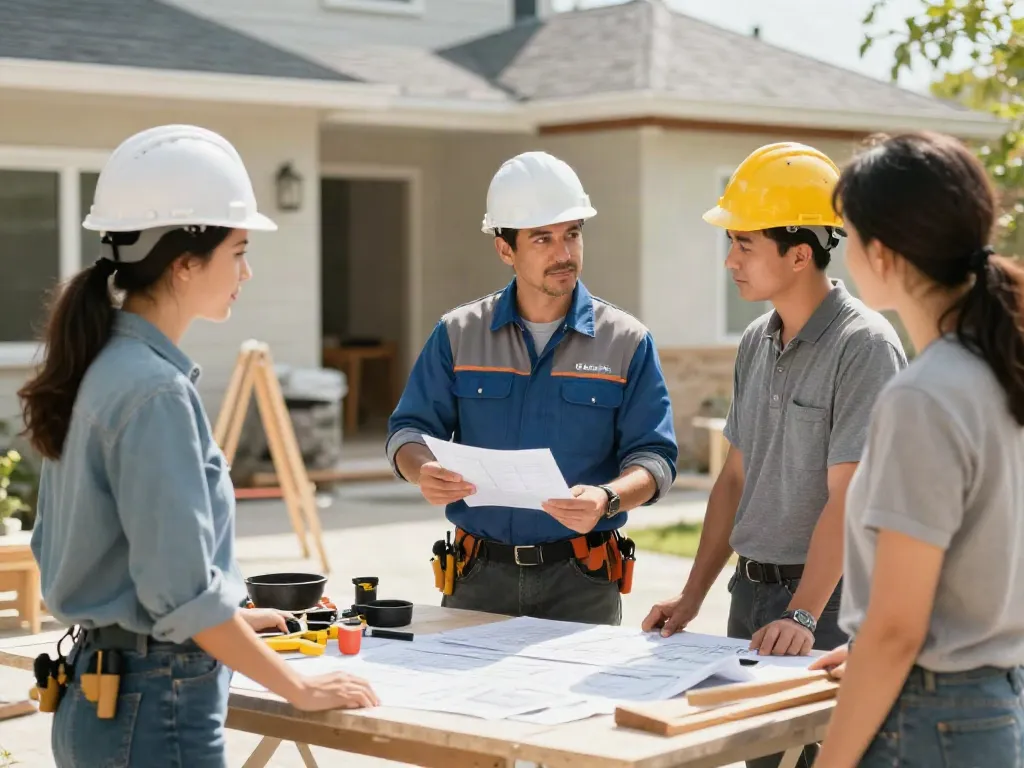 Trusted wish4d local contractor reviewing plans with a team at a home renovation site.