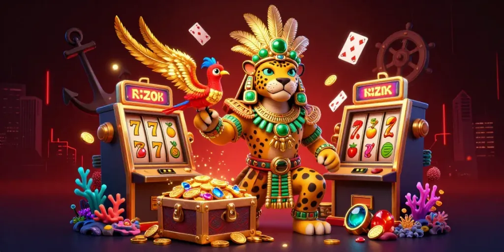 Spin the reels for big wins with this vibrant 'link slot' themed illustration featuring a Mayan jaguar priest.