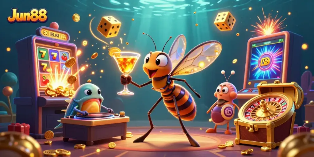 Experience thrilling wins at Jun88 with captivating casino elements and vibrant characters in this dynamic scene.