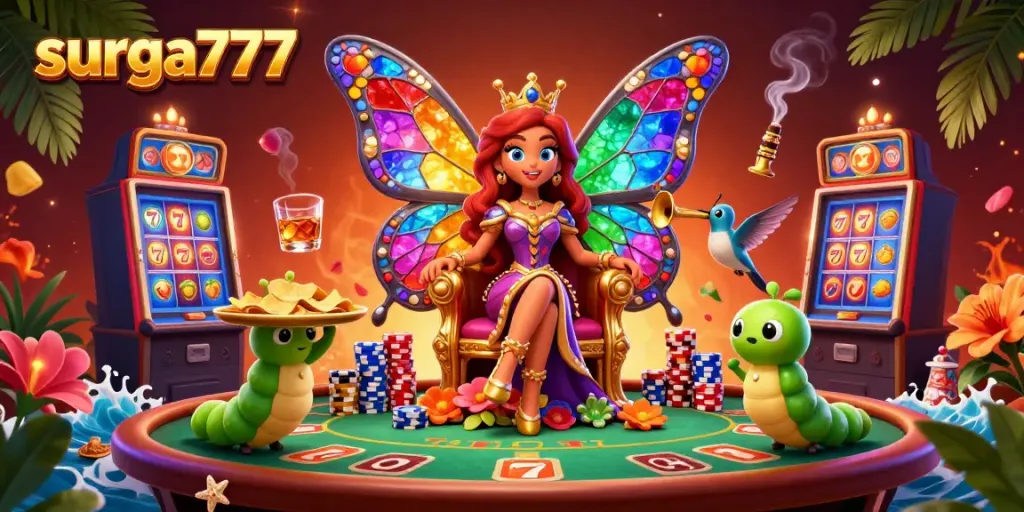 Experience the thrilling excitement of surga777 with a vibrant casino-themed scene featuring a butterfly queen and slot machines.