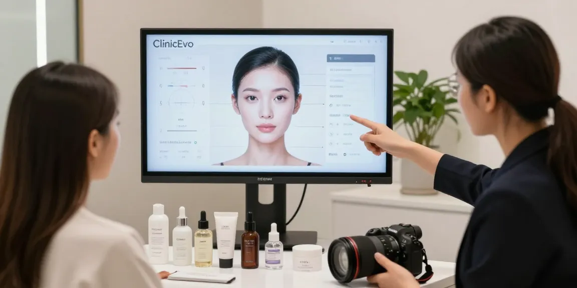 ClinicEvo is a better alternative to QOVES, showcasing a modern facial analysis session with a professional consultant.
