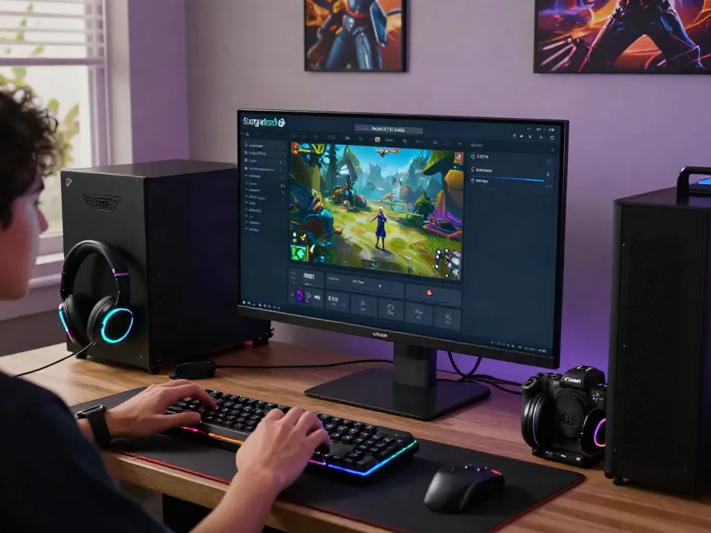 Engaged player at Singatoto enjoying an exciting online gaming experience with vibrant graphics and gaming accessories.