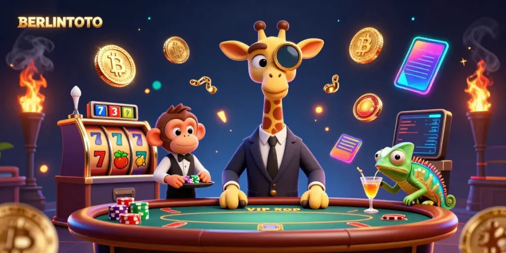 Engage with BERLINTOTO in an exciting casino scene featuring a giraffe at a poker table surrounded by colorful slot elements.