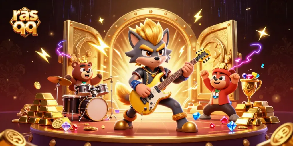 Engage in thrilling action with ras qq as a rock star wolf and drummer bear entertain on a luxurious casino stage.