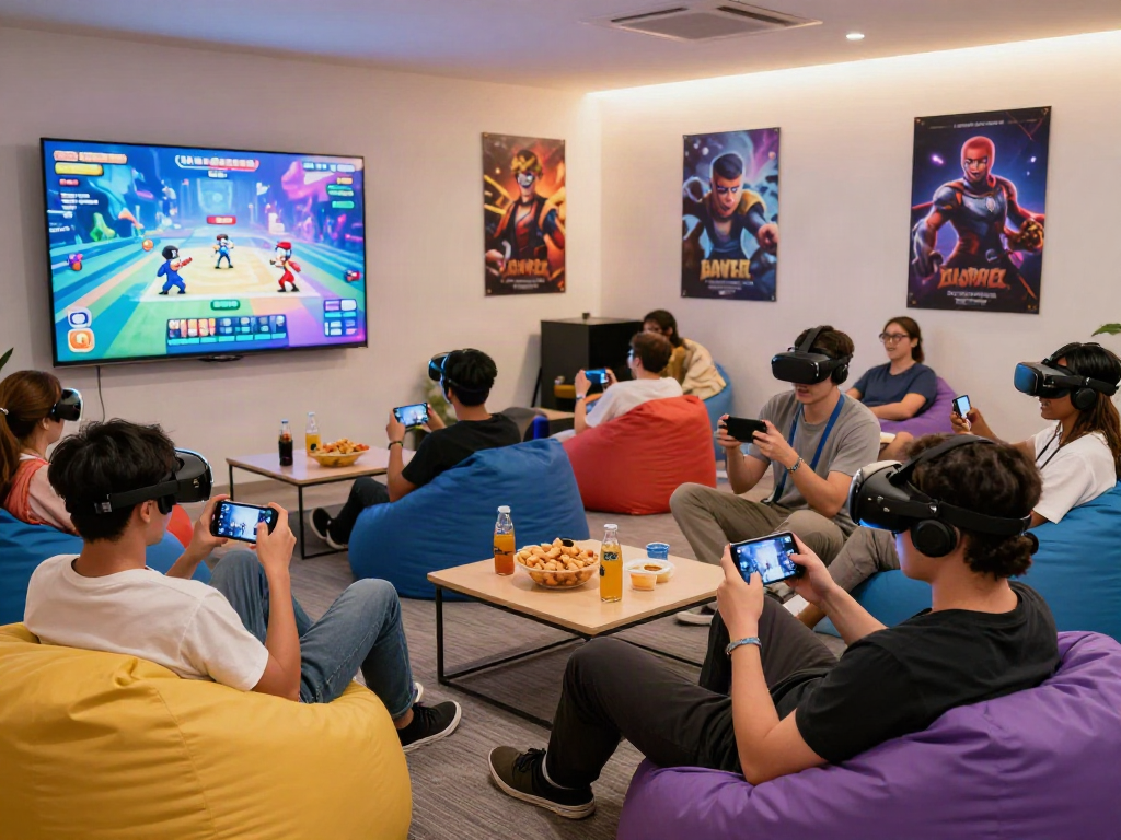 Players enjoying mobile porn games in a vibrant gaming lounge.