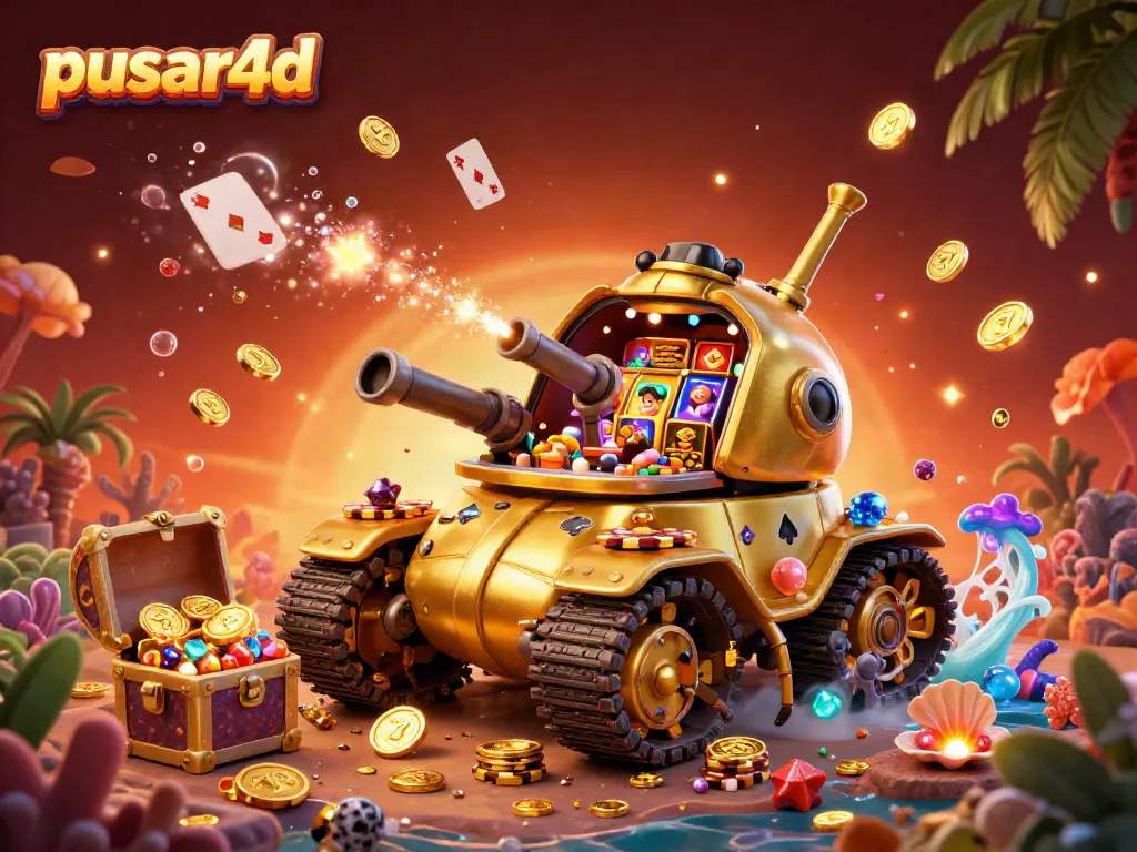 Pusar4d casino scene with a golden beetle tank revealing a miniature casino amidst treasure and vibrant ocean elements.