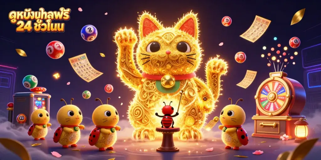 Engaging scene showing a lucky cat formed by golden fireflies celebrating ดูหนังออนไลน์ฟรี 24 ชั่วโมง with dynamic casino elements.