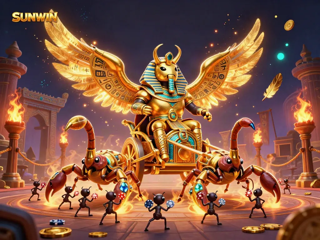 SUNWIN casino illustration with a golden scarab beetle chariot surrounded by coins and vibrant elements