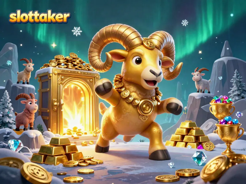 Witness the dynamic scene of slottalker, where golden ram and mountain goats greet treasure in a vibrant casino world.