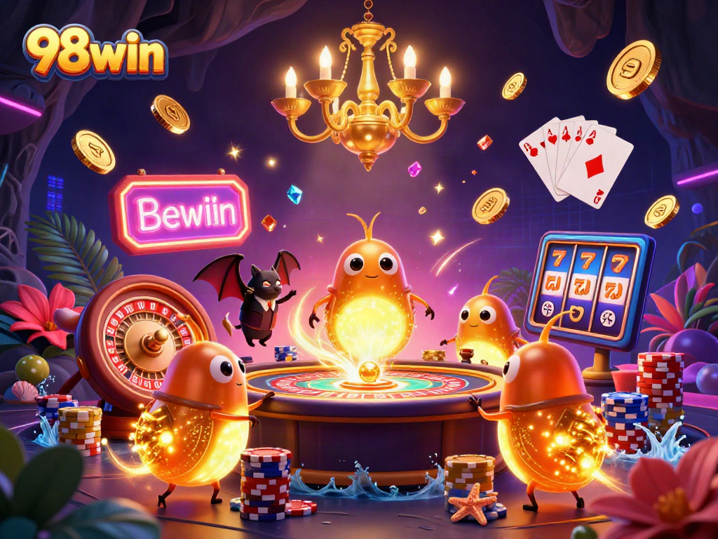Experience gaming fun with 98win's lively cave casino, showcasing vibrant glowworms, sparkling gems, and thrilling gameplay.